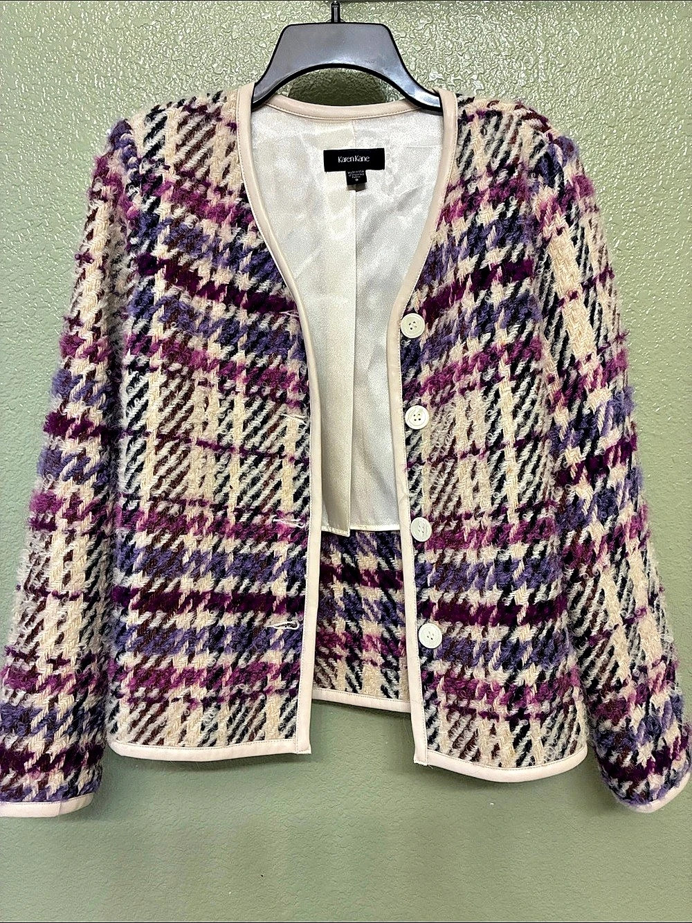 Vintage !!! made in USA Karen Kane Plaid Boucle Jacket Purple & Cream , wool ble